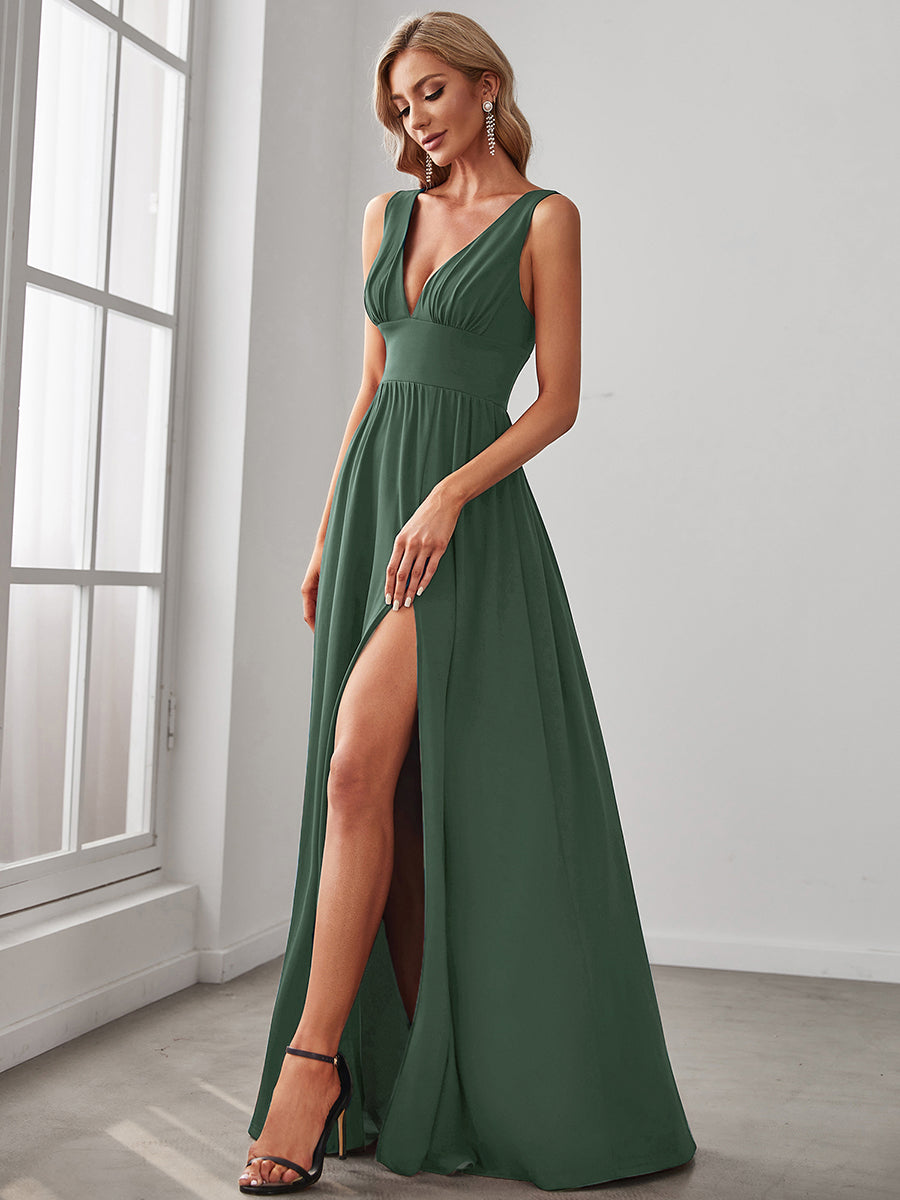 Doppelter V-Ausschnitt A-Linie Lang Ballkleid mit Schlitz Ballkleider #farbe_Eukalyptus