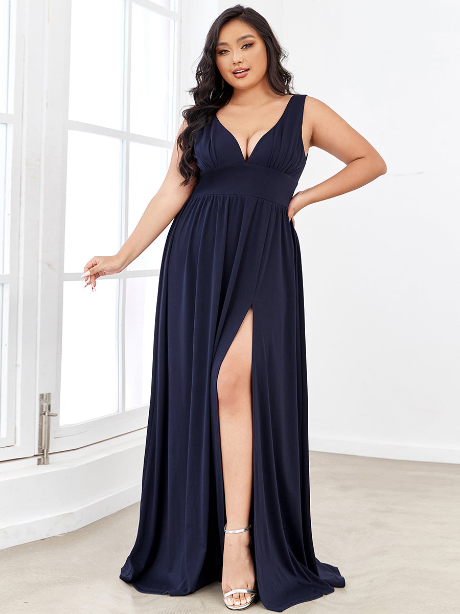 Doppelter V-Ausschnitt A-Linie Lang Ballkleid mit Schlitz Ballkleider #farbe_Marineblau