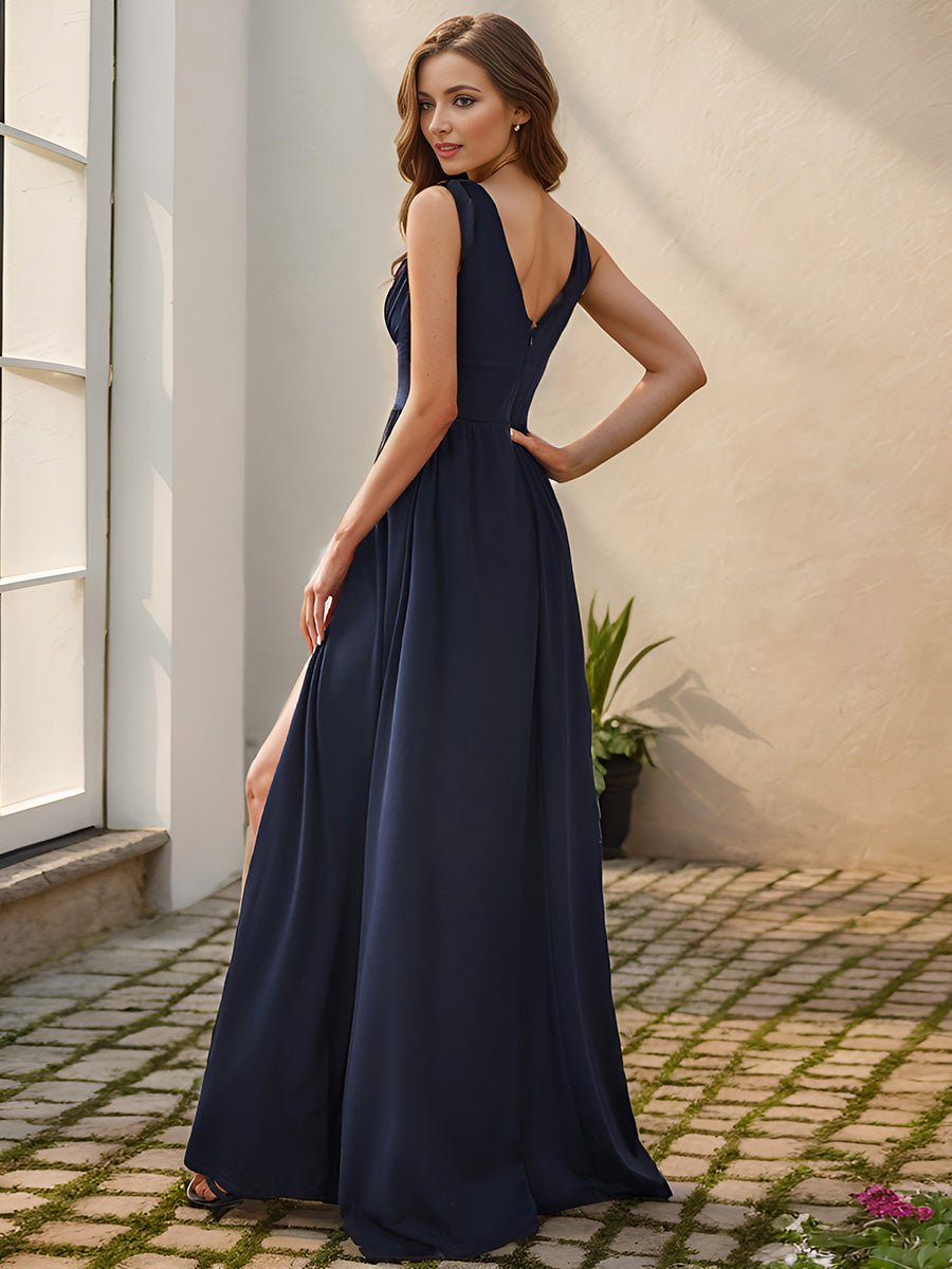 Doppelter V-Ausschnitt A-Linie Lang Ballkleid mit Schlitz Ballkleider #farbe_Marineblau