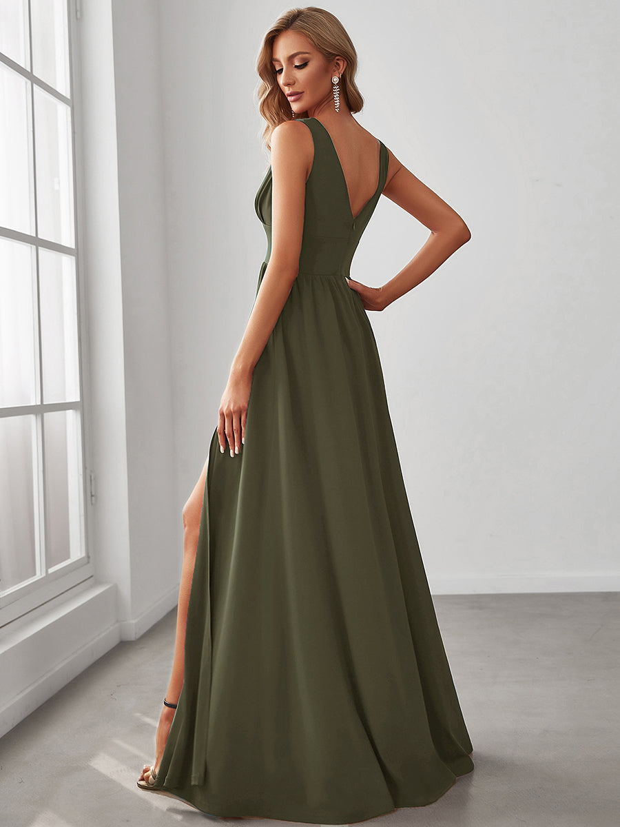 Doppelter V-Ausschnitt A-Linie Lang Ballkleid mit Schlitz Ballkleider #farbe_Olivgrün