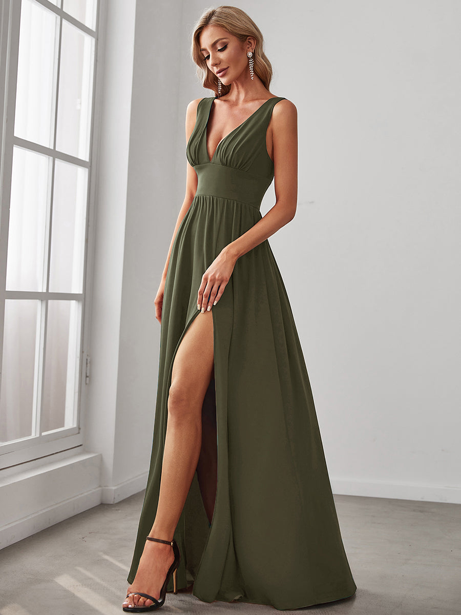 Doppelter V-Ausschnitt A-Linie Lang Ballkleid mit Schlitz Ballkleider #farbe_Olivgrün