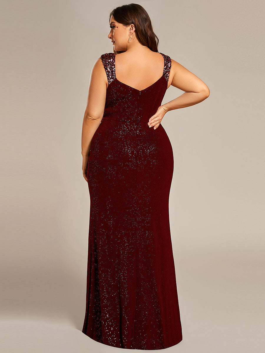 Bodenlanger Herzausschnitt Meerjungfrau Strickkleid Mit Oberschenkelhohem Schlitz Und Pailletten Details Kleid #Farbe_Burgunderrot