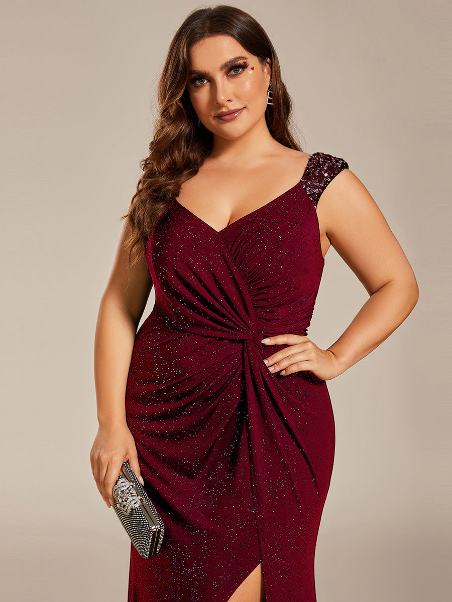 Bodenlanger Herzausschnitt Meerjungfrau Strickkleid Mit Oberschenkelhohem Schlitz Und Pailletten Details Kleid #Farbe_Burgunderrot