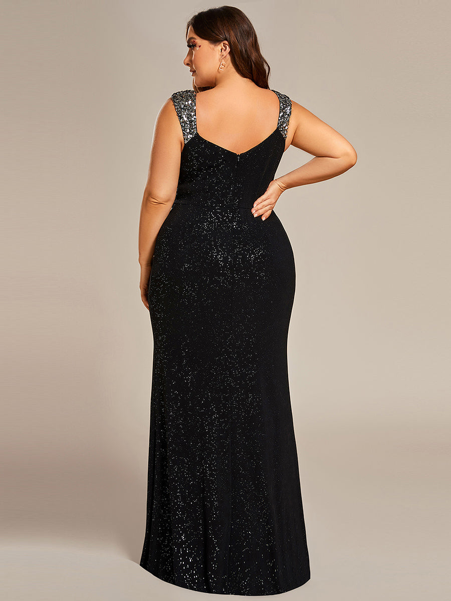 Bodenlanger Herzausschnitt Meerjungfrau Strickkleid Mit Oberschenkelhohem Schlitz Und Pailletten Details Kleid #Farbe_Schwarz