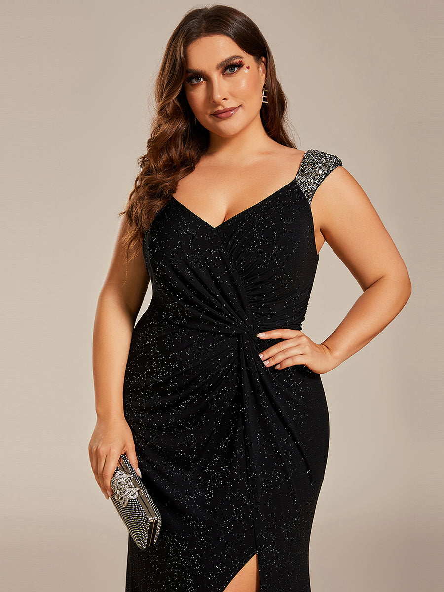 Bodenlanger Herzausschnitt Meerjungfrau Strickkleid Mit Oberschenkelhohem Schlitz Und Pailletten Details Kleid #Farbe_Schwarz
