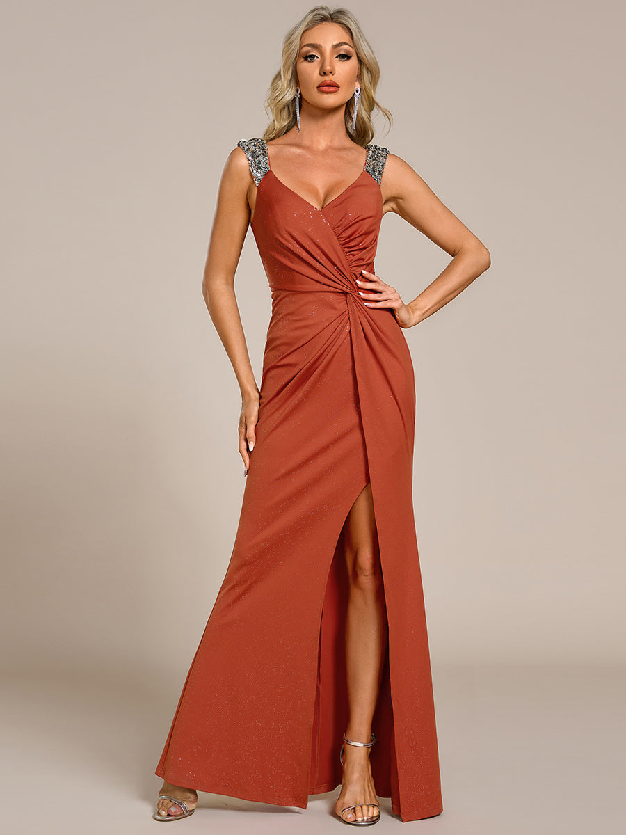 Bodenlanger Herzausschnitt Meerjungfrau Strickkleid Mit Oberschenkelhohem Schlitz Und Pailletten Details Kleid #Farbe_Gebranntes Orange