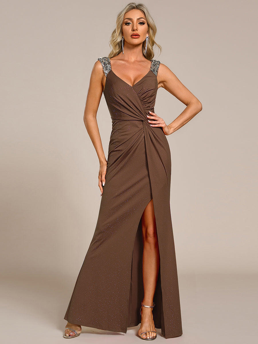 Bodenlanger Herzausschnitt Meerjungfrau Strickkleid Mit Oberschenkelhohem Schlitz Und Pailletten Details Kleid #Farbe_Kaffee