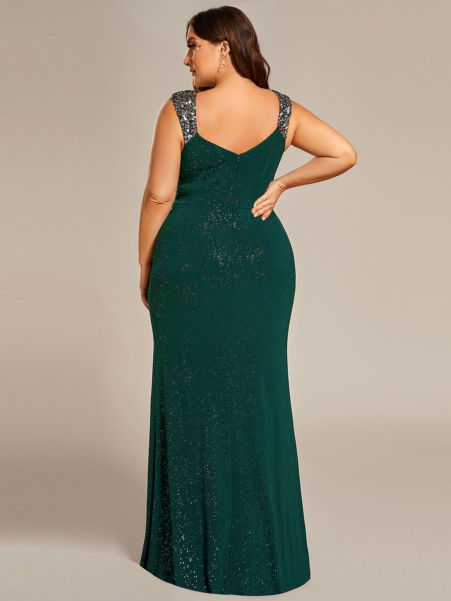 Bodenlanger Herzausschnitt Meerjungfrau Strickkleid Mit Oberschenkelhohem Schlitz Und Pailletten Details Kleid #Farbe_Dunkelgrün