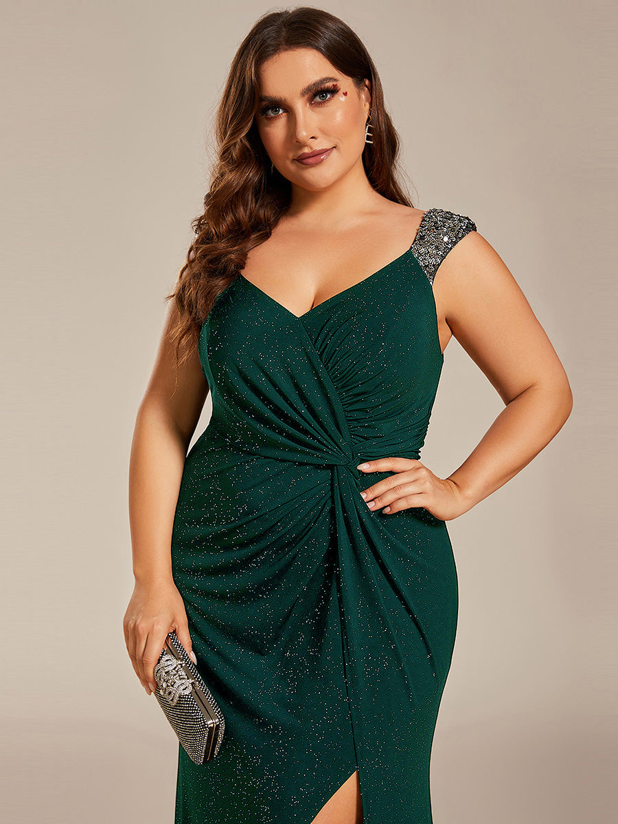 Bodenlanger Herzausschnitt Meerjungfrau Strickkleid Mit Oberschenkelhohem Schlitz Und Pailletten Details Kleid #Farbe_Dunkelgrün