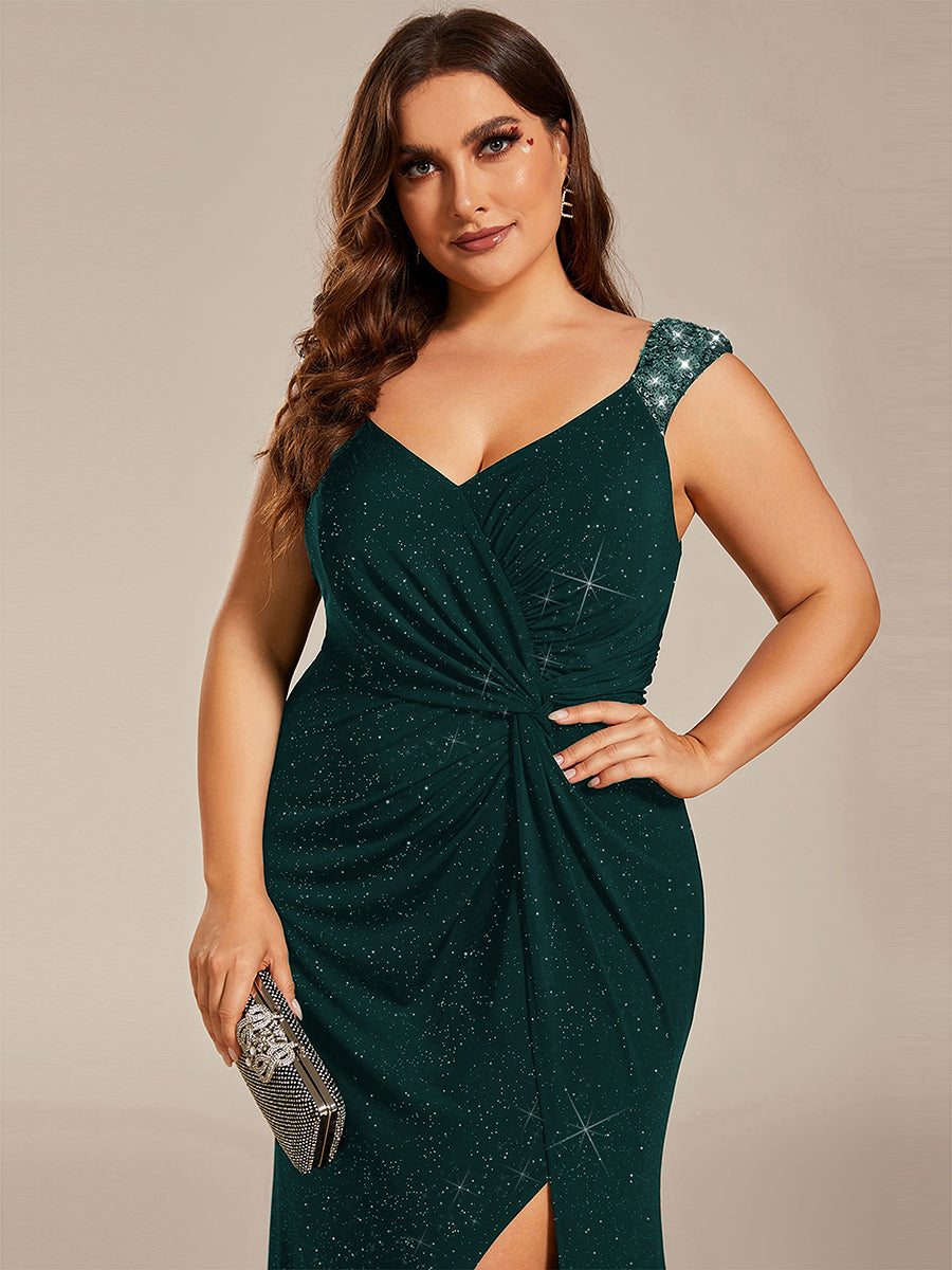Bodenlanger Herzausschnitt Meerjungfrau Strickkleid Mit Oberschenkelhohem Schlitz Und Pailletten Details Kleid #Farbe_Dunkelgrün