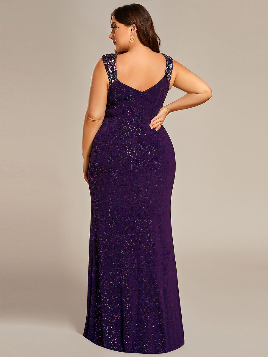 Bodenlanger Herzausschnitt Meerjungfrau Strickkleid Mit Oberschenkelhohem Schlitz Und Pailletten Details Kleid #Farbe_Dunkelviolett