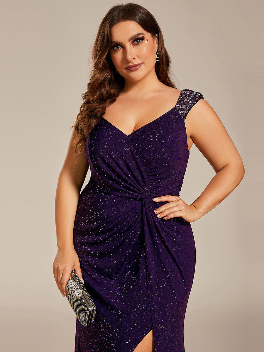 Bodenlanger Herzausschnitt Meerjungfrau Strickkleid Mit Oberschenkelhohem Schlitz Und Pailletten Details Kleid #Farbe_Dunkelviolett