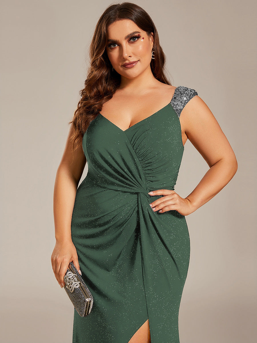Bodenlanger Herzausschnitt Meerjungfrau Strickkleid Mit Oberschenkelhohem Schlitz Und Pailletten Details Kleid #Farbe_Eukalyptus