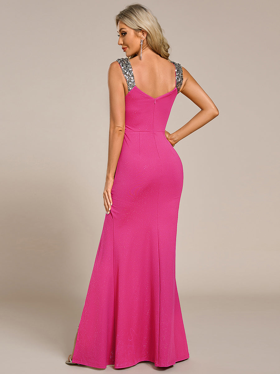 Bodenlanger Herzausschnitt Meerjungfrau Strickkleid Mit Oberschenkelhohem Schlitz Und Pailletten Details Kleid #Farbe_Knallpink