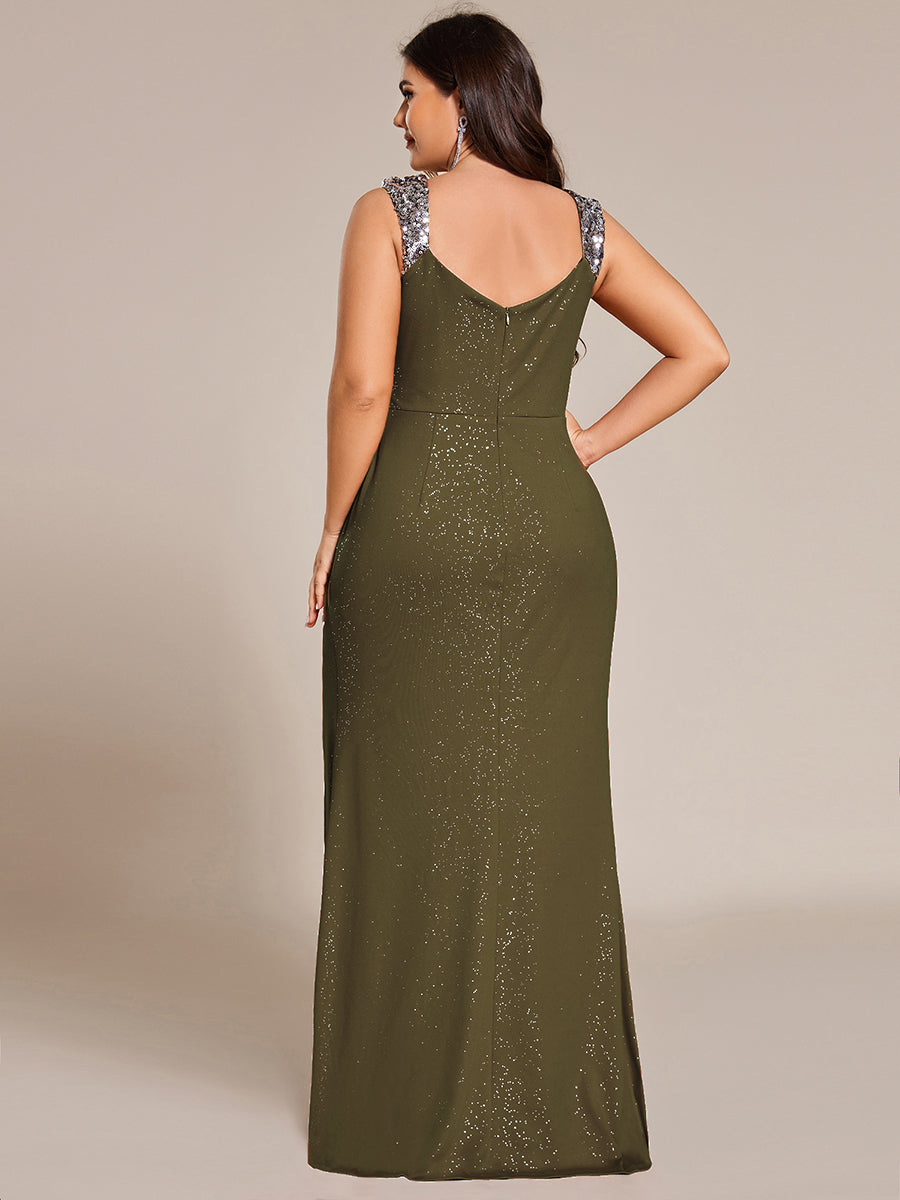 Bodenlanger Herzausschnitt Meerjungfrau Strickkleid Mit Oberschenkelhohem Schlitz Und Pailletten Details Kleid #Farbe_Olivgrün
