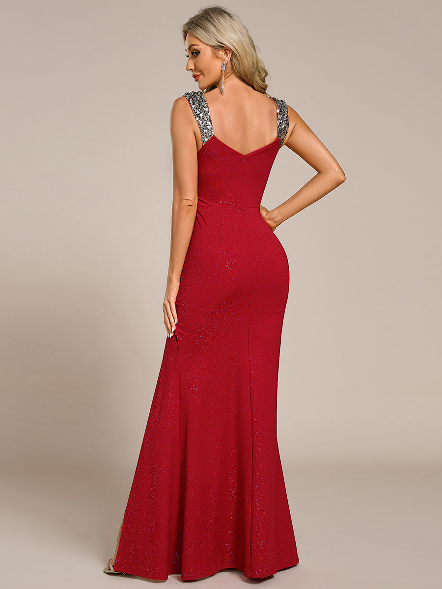 Bodenlanger Herzausschnitt Meerjungfrau Strickkleid Mit Oberschenkelhohem Schlitz Und Pailletten Details Kleid #Farbe_Rot