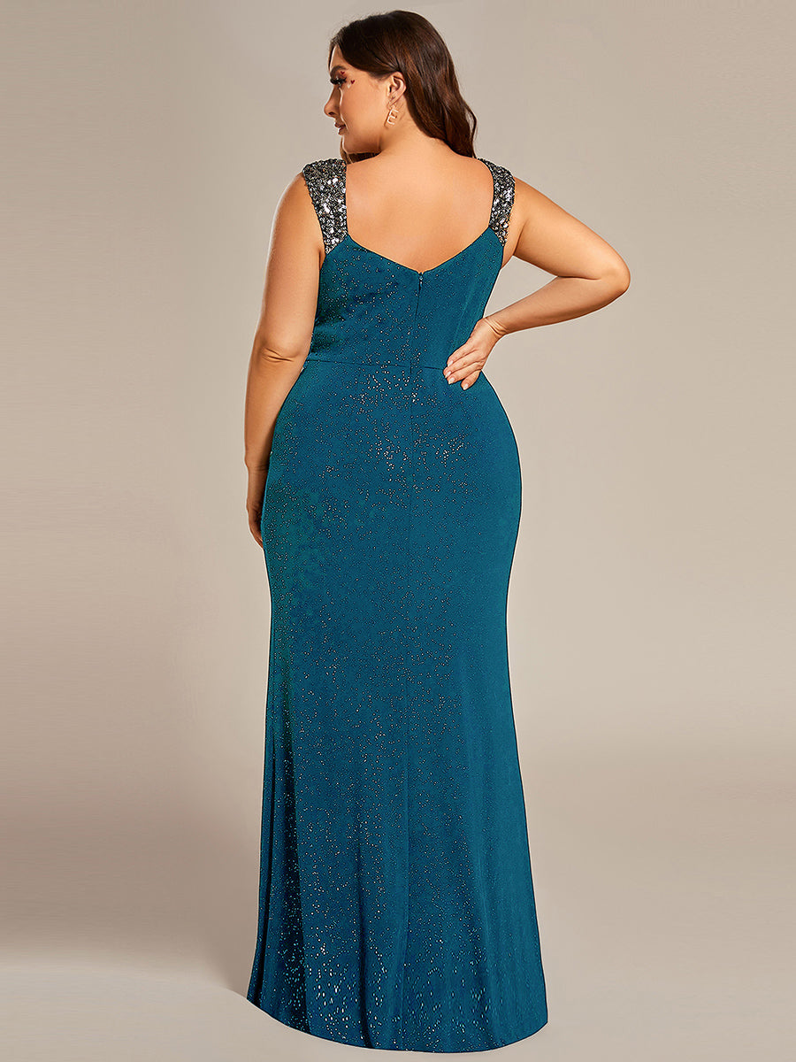 Bodenlanger Herzausschnitt Meerjungfrau Strickkleid Mit Oberschenkelhohem Schlitz Und Pailletten Details Kleid #Farbe_Petrol