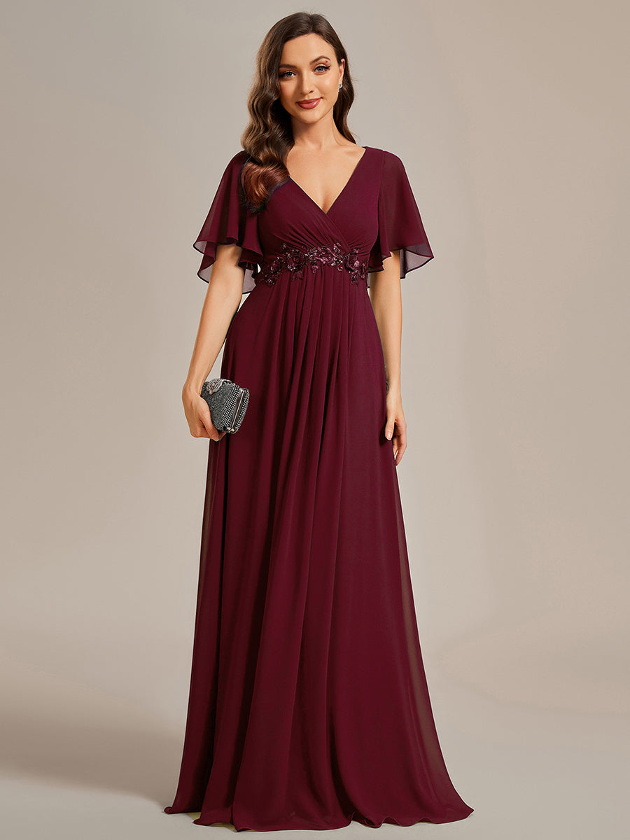 Funkelndes Abendkleid in A-Linie mit Empire-Taille und langen ?rmeln #farbe_Burgunderrot
