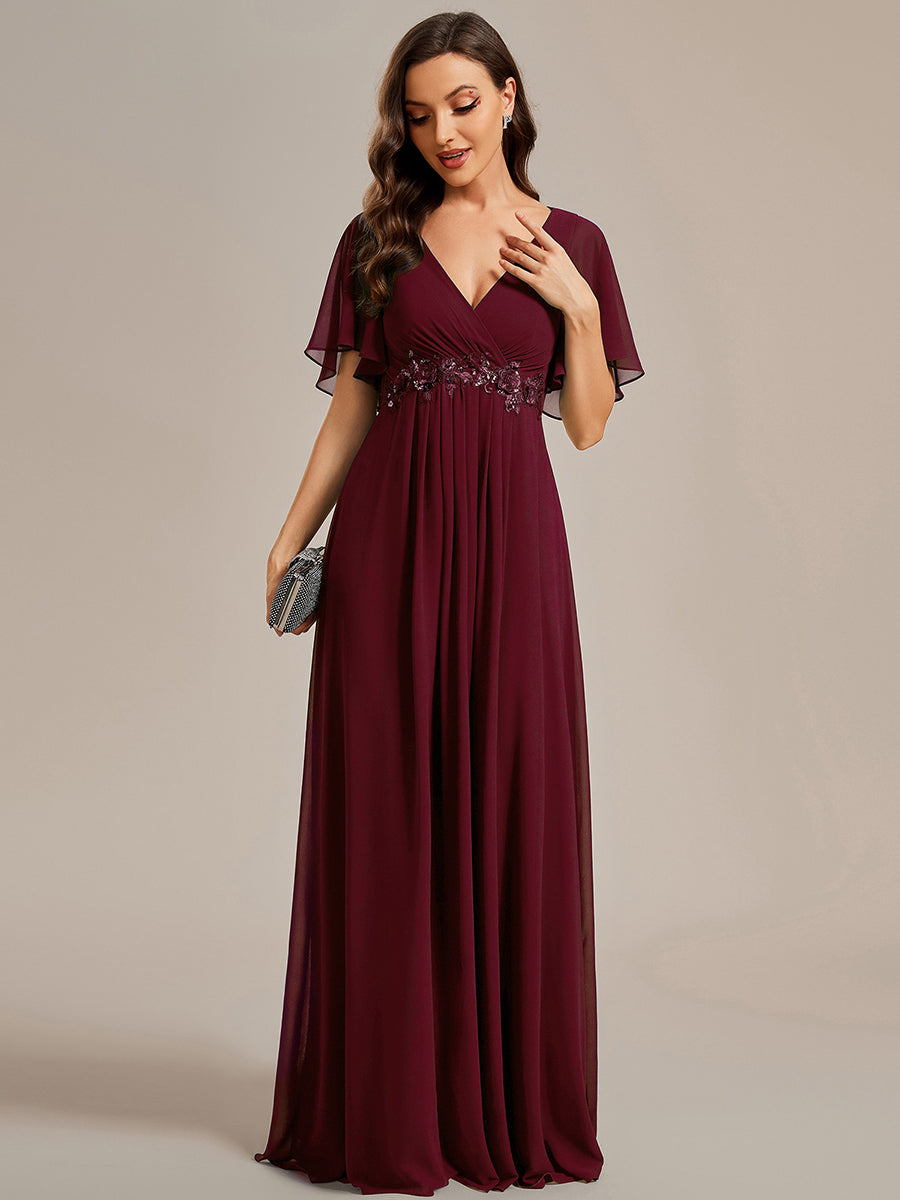 Funkelndes Abendkleid in A-Linie mit Empire-Taille und langen ?rmeln #farbe_Burgunderrot