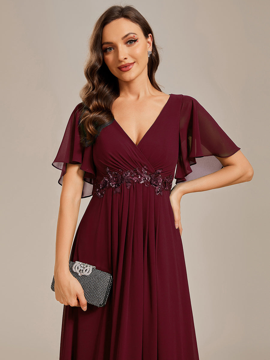 Funkelndes Abendkleid in A-Linie mit Empire-Taille und langen ?rmeln #farbe_Burgunderrot