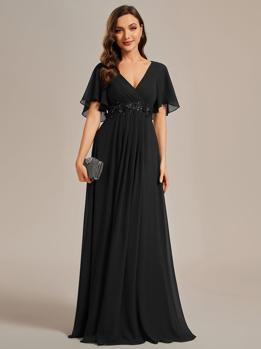Funkelndes Abendkleid in A-Linie mit Empire-Taille und langen ?rmeln #farbe_Schwarz