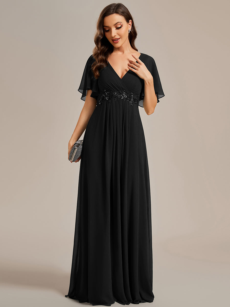 Funkelndes Abendkleid in A-Linie mit Empire-Taille und langen ?rmeln #farbe_Schwarz