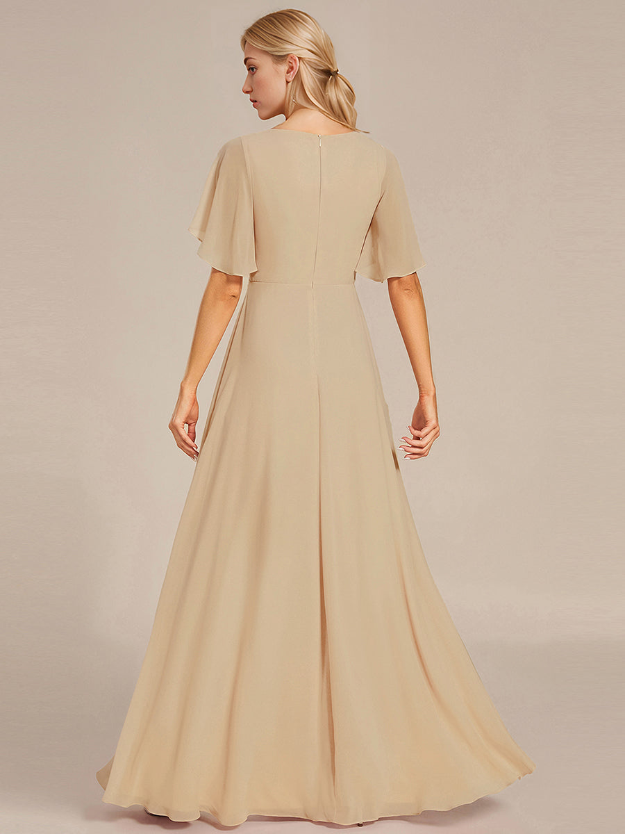 Funkelndes Abendkleid in A-Linie mit Empire-Taille und langen ?rmeln #farbe_Champagner