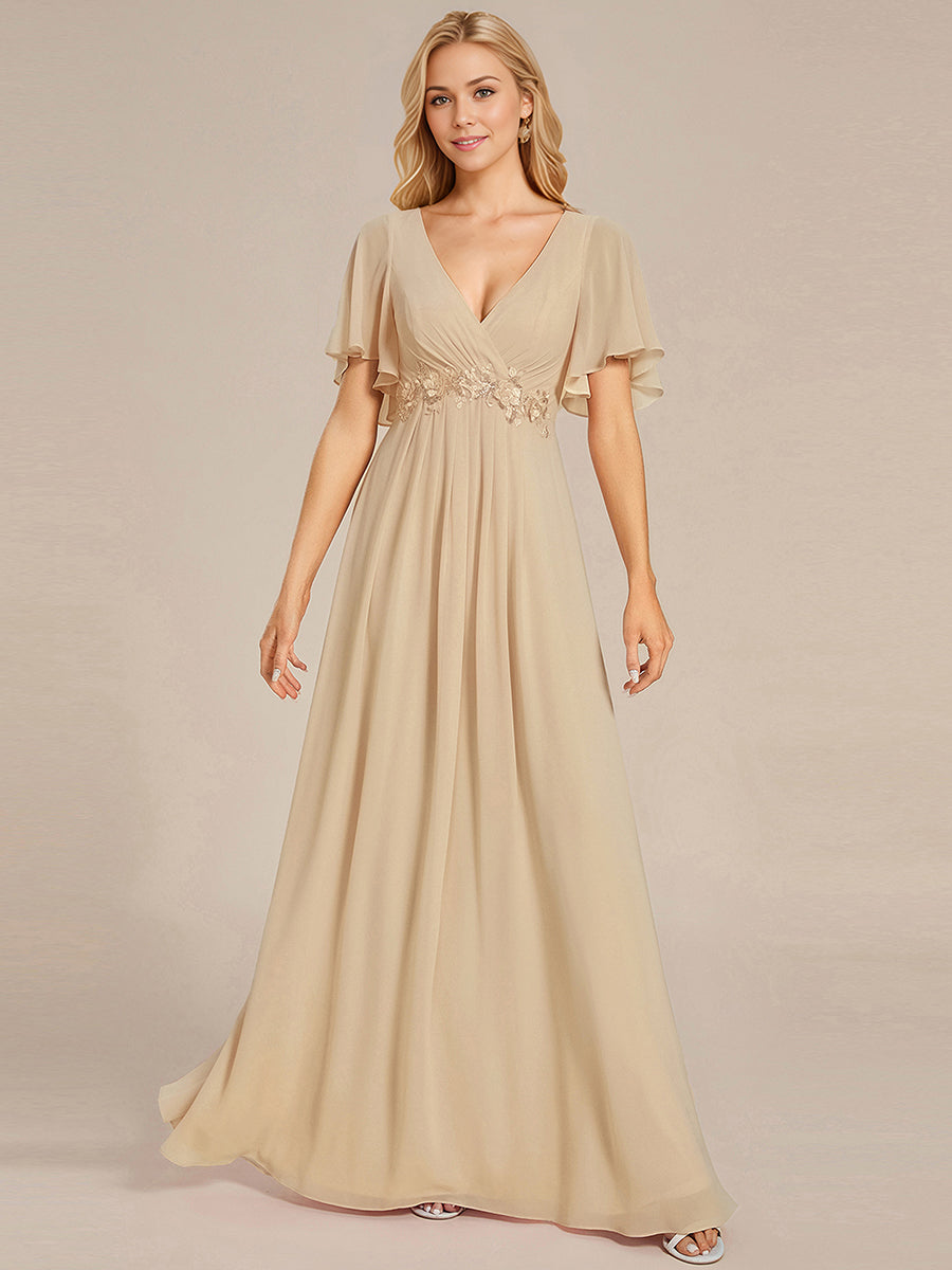 Funkelndes Abendkleid in A-Linie mit Empire-Taille und langen ?rmeln #farbe_Champagner