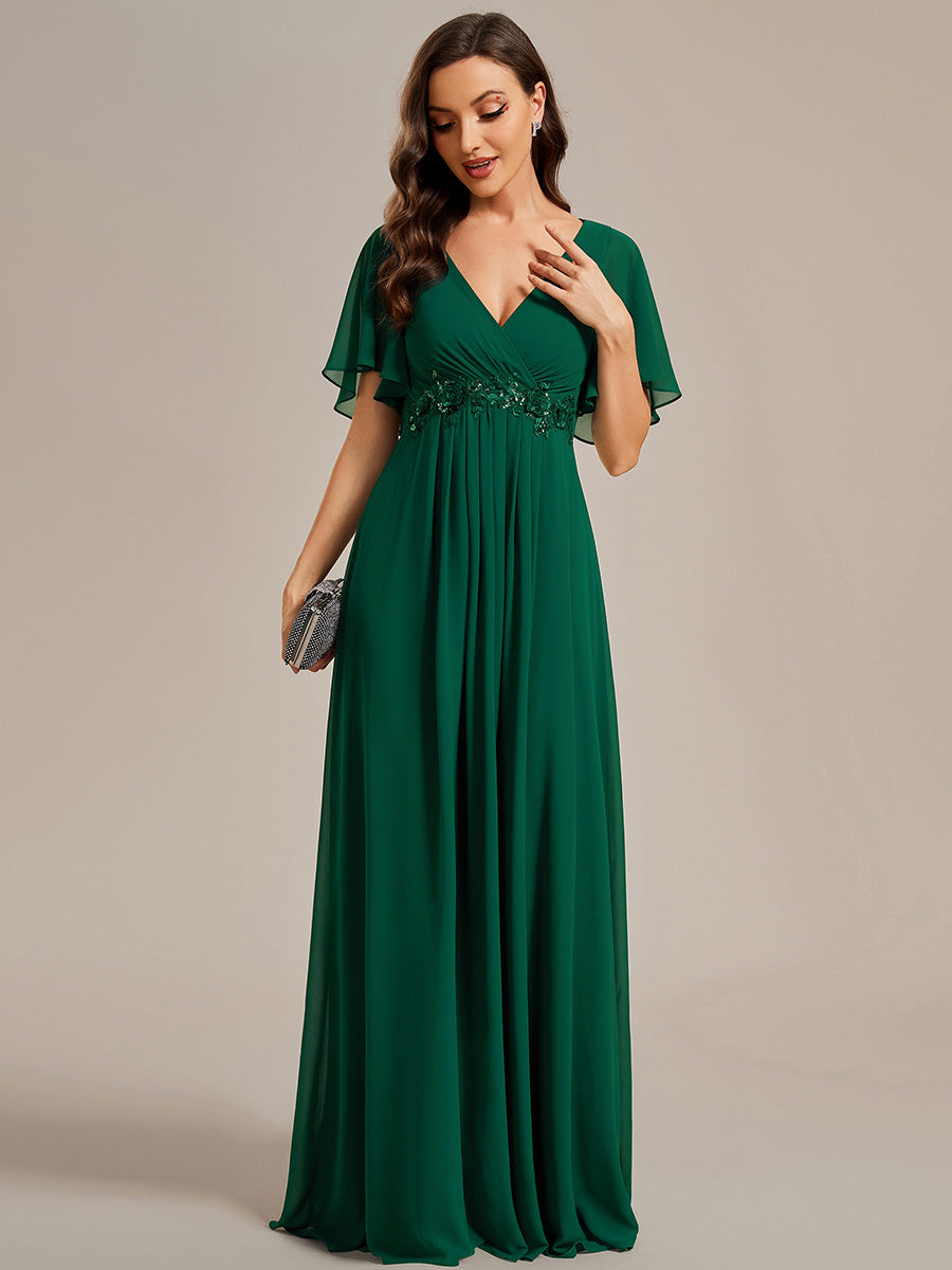 Funkelndes Abendkleid in A-Linie mit Empire-Taille und langen ?rmeln #farbe_Dunkelgrün