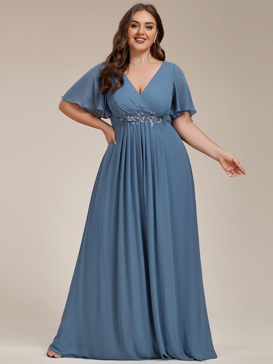 Funkelndes Abendkleid in A-Linie mit Empire-Taille und langen ?rmeln #farbe_Taubenblau