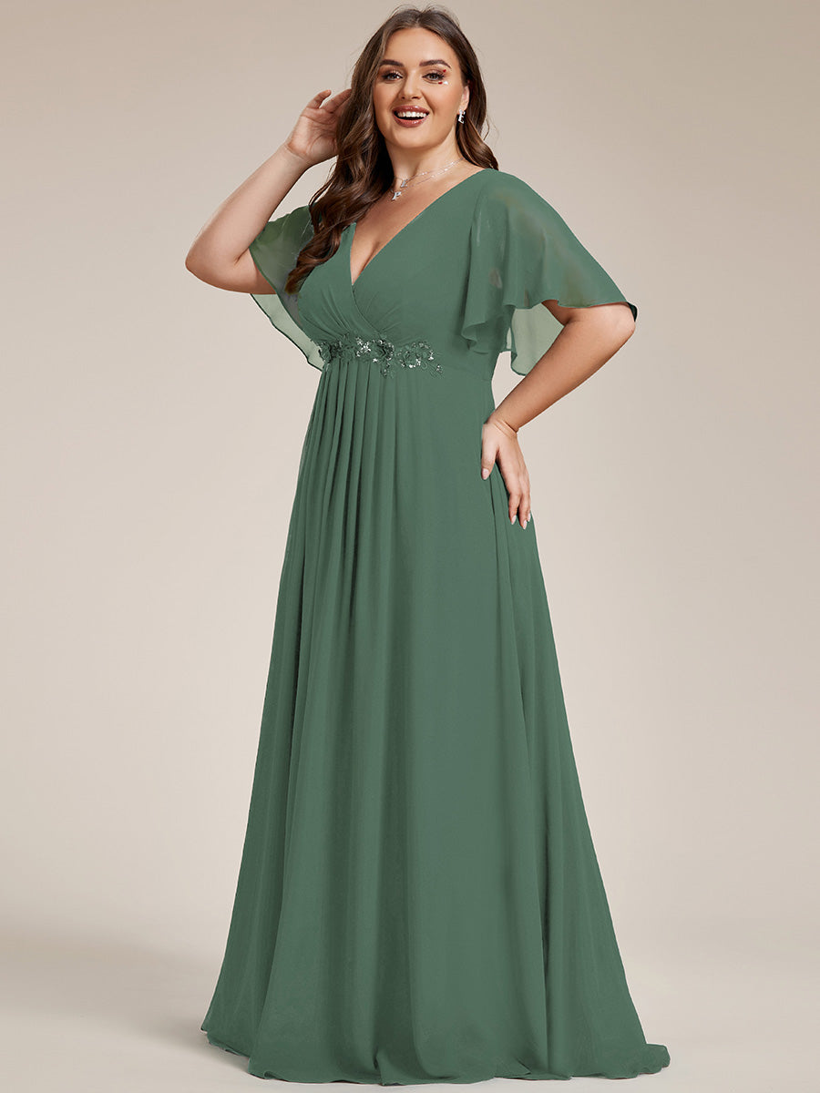 Funkelndes Abendkleid in A-Linie mit Empire-Taille und langen ?rmeln #farbe_Eukalyptus