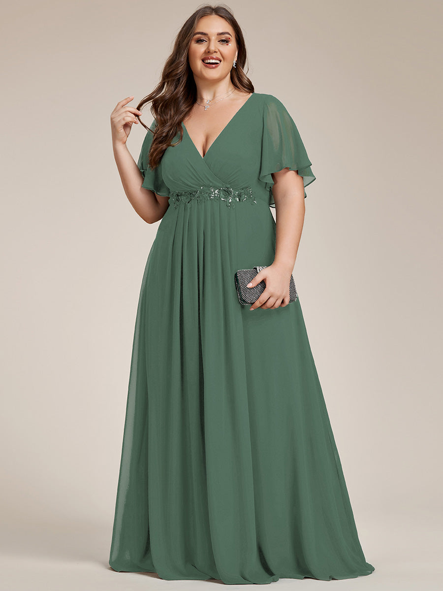 Funkelndes Abendkleid in A-Linie mit Empire-Taille und langen ?rmeln #farbe_Eukalyptus