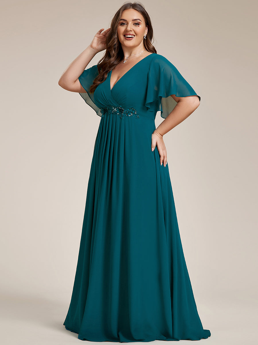 Funkelndes Abendkleid in A-Linie mit Empire-Taille und langen ?rmeln #farbe_Petrol