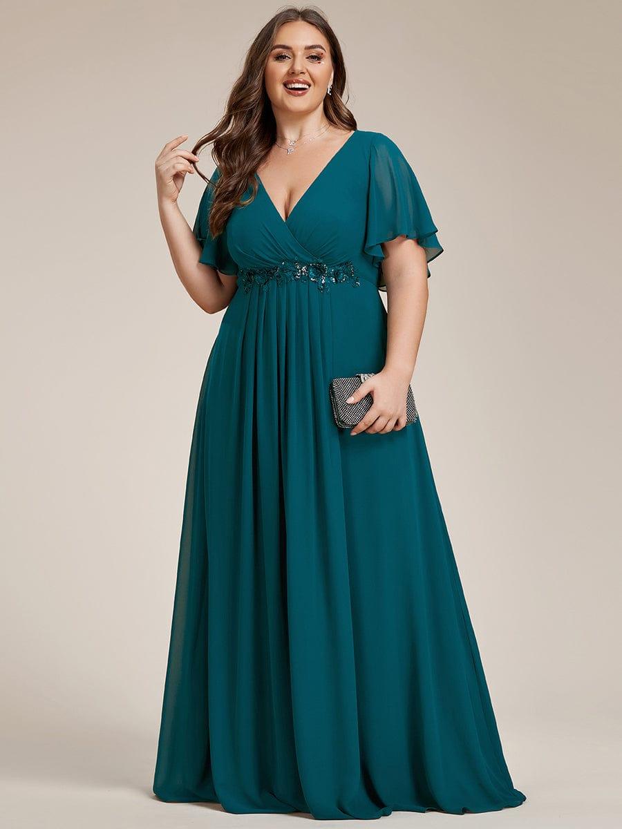Funkelndes Abendkleid in A-Linie mit Empire-Taille und langen ?rmeln #farbe_Petrol
