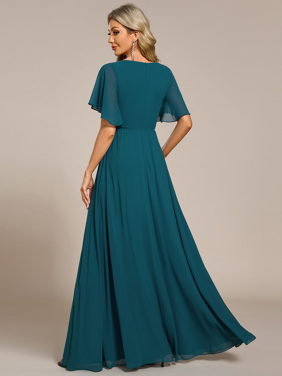 Funkelndes Abendkleid in A-Linie mit Empire-Taille und langen ?rmeln #farbe_Petrol