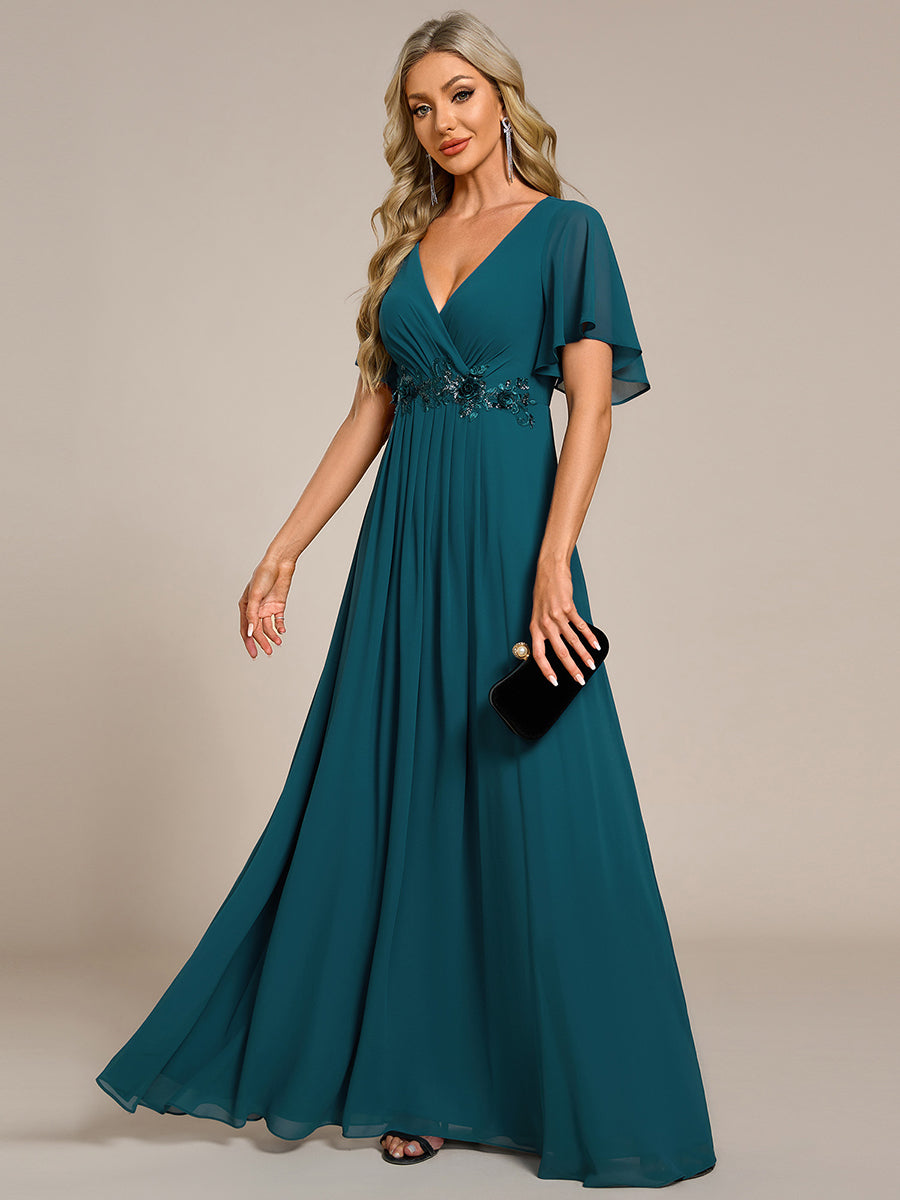 Funkelndes Abendkleid in A-Linie mit Empire-Taille und langen ?rmeln #farbe_Petrol