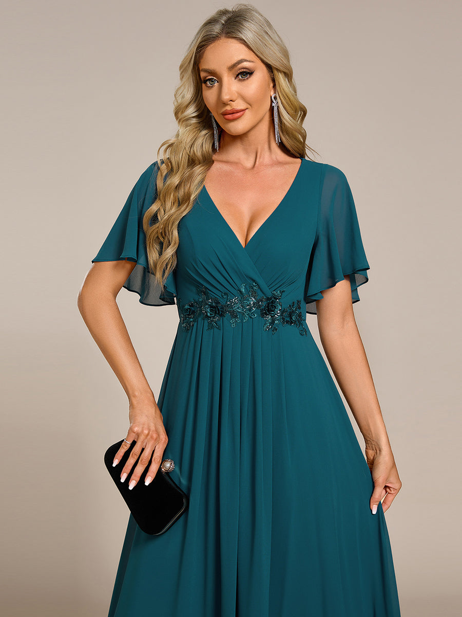 Funkelndes Abendkleid in A-Linie mit Empire-Taille und langen ?rmeln #farbe_Petrol