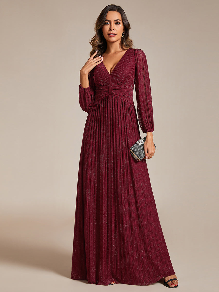 Funkelndes Abendkleid in A-Linie mit Empire-Taille und langen Ärmeln #farbe_Burgunderrot