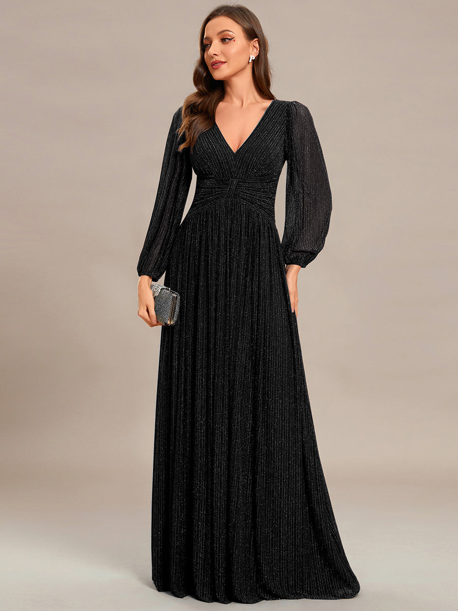 Funkelndes Abendkleid in A-Linie mit Empire-Taille und langen Ärmeln #farbe_Schwarz
