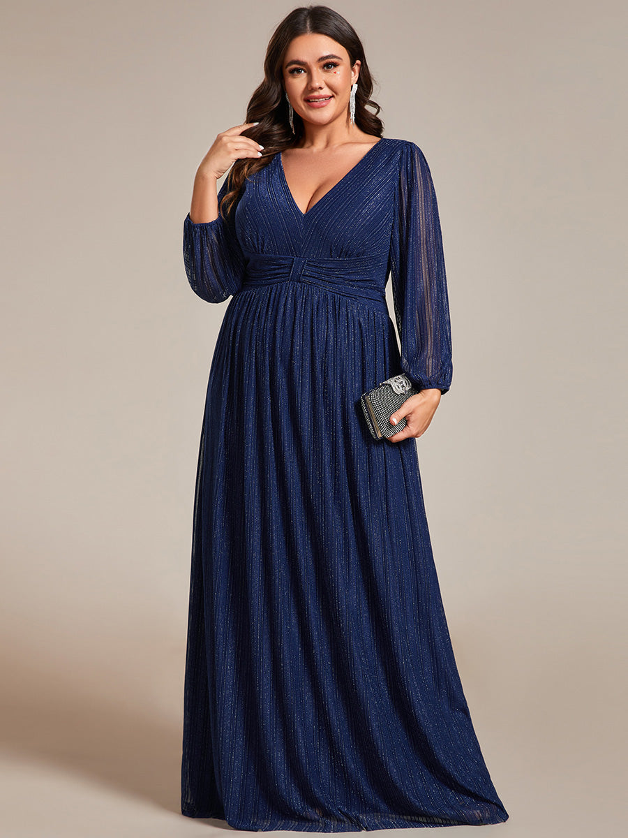Funkelndes Abendkleid in A-Linie mit Empire-Taille und langen Ärmeln #farbe_Marineblau