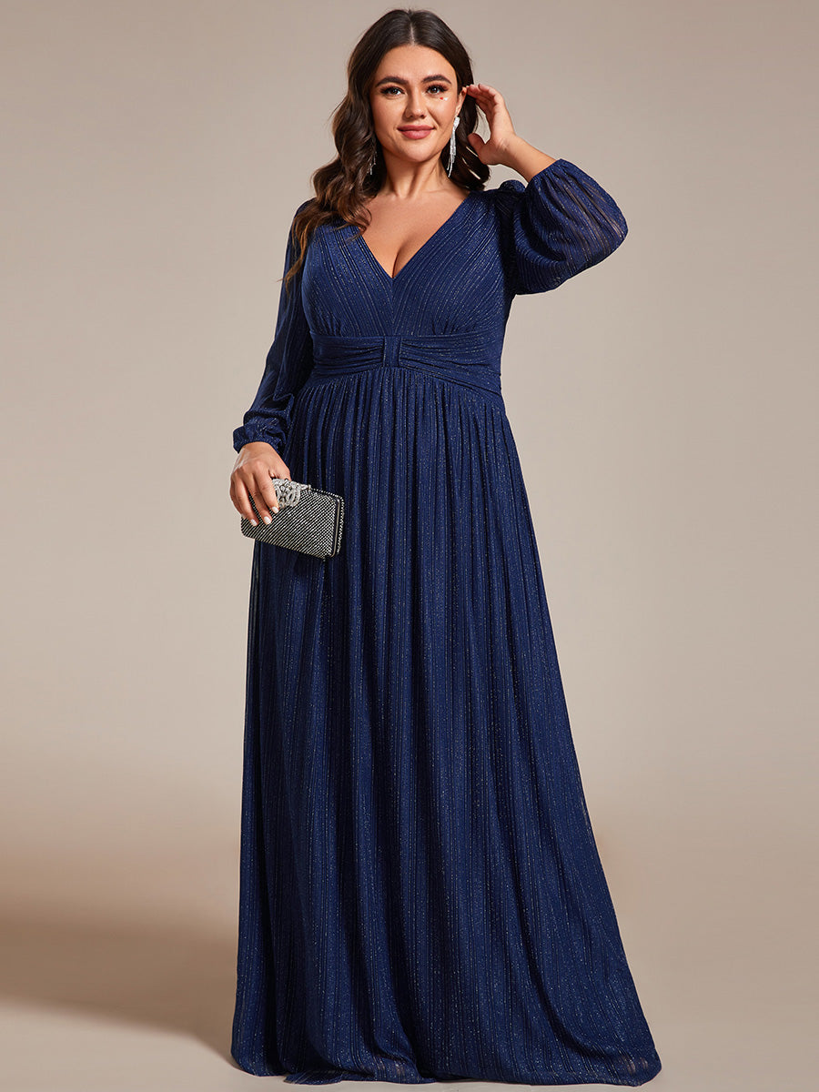 Funkelndes Abendkleid in A-Linie mit Empire-Taille und langen Ärmeln #farbe_Marineblau