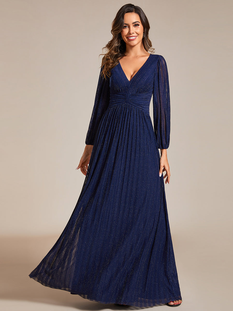 Funkelndes Abendkleid in A-Linie mit Empire-Taille und langen Ärmeln #farbe_Marineblau