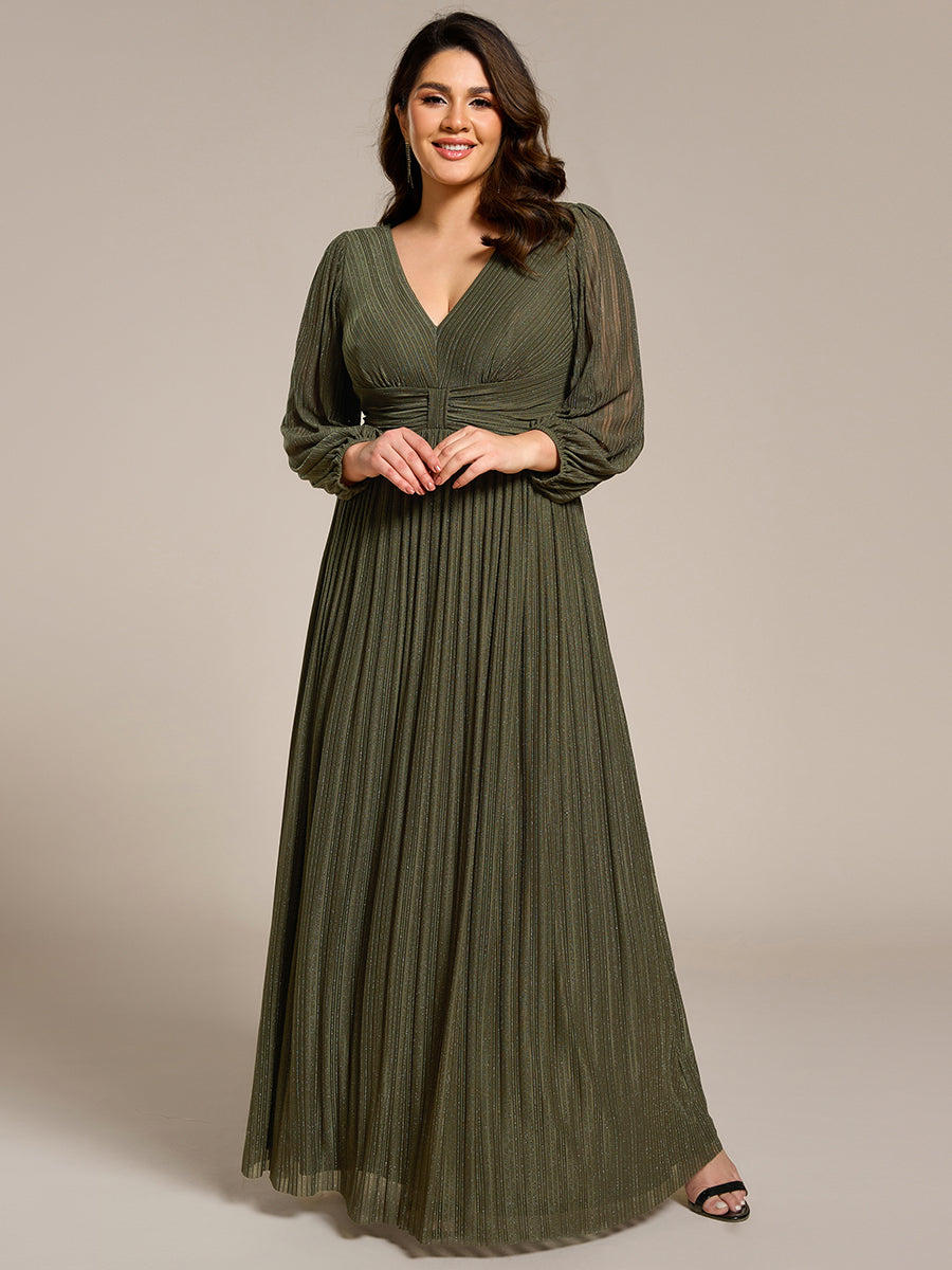 Funkelndes Abendkleid in A-Linie mit Empire-Taille und langen Ärmeln #farbe_Olivgrün