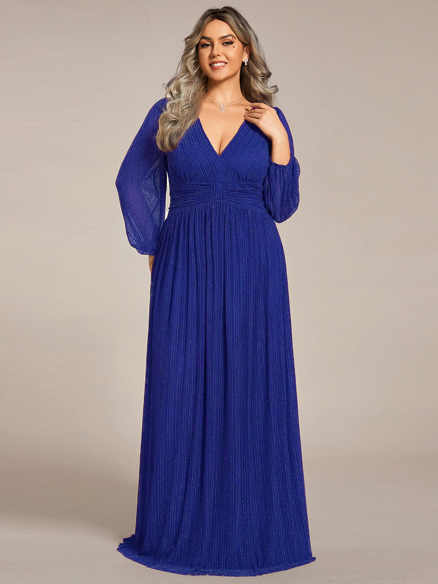 Funkelndes Abendkleid in A-Linie mit Empire-Taille und langen Ärmeln #farbe_Saphirblau