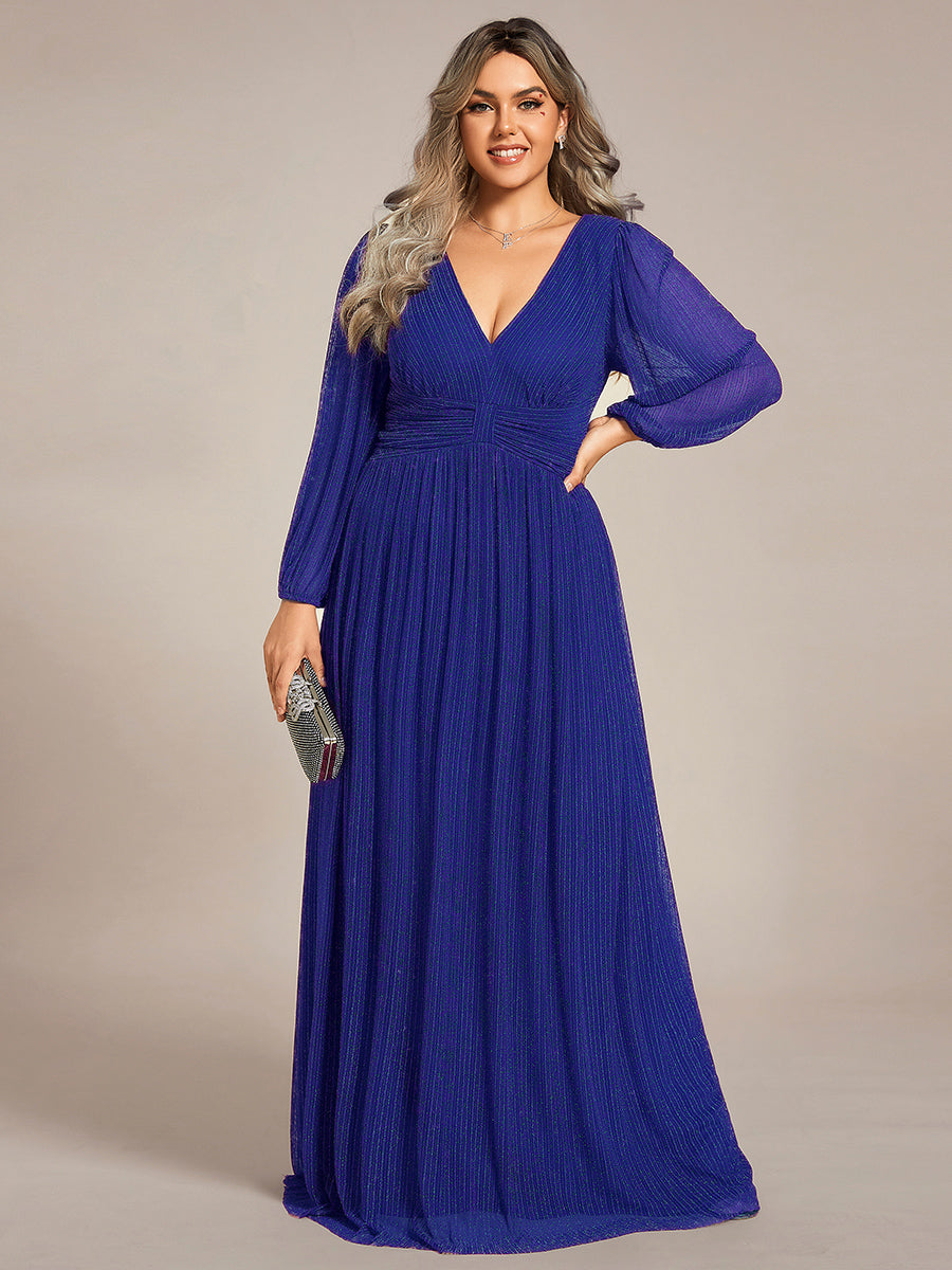 Funkelndes Abendkleid in A-Linie mit Empire-Taille und langen Ärmeln #farbe_Saphirblau