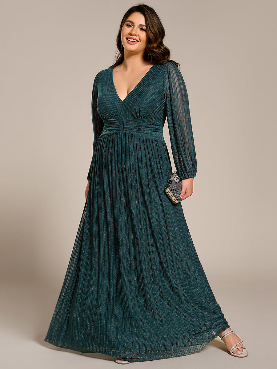 Funkelndes Abendkleid in A-Linie mit Empire-Taille und langen Ärmeln #farbe_Petrol