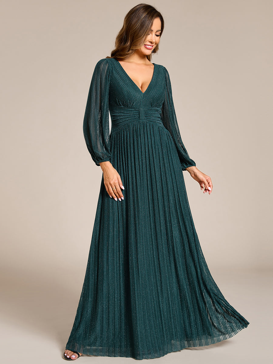 Funkelndes Abendkleid in A-Linie mit Empire-Taille und langen Ärmeln #farbe_Petrol