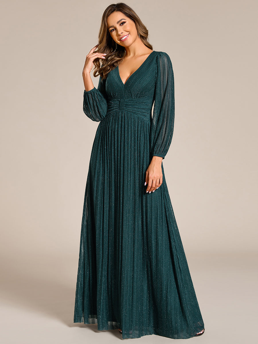 Funkelndes Abendkleid in A-Linie mit Empire-Taille und langen Ärmeln #farbe_Petrol