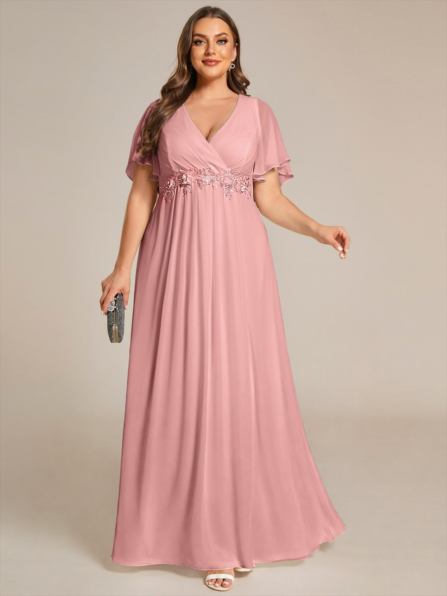 Funkelndes Abendkleid in A-Linie mit Empire-Taille und langen ?rmeln #Farbe_Altrosa