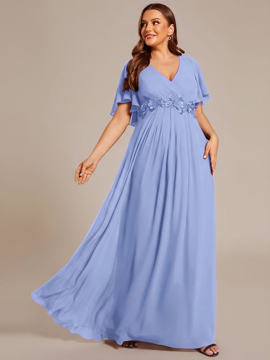 Funkelndes Abendkleid in A-Linie mit Empire-Taille und langen ?rmeln #farbe_Kornblumenblau